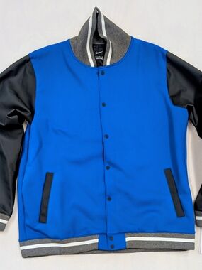 Nike Men's Varsity Letterman Jacket Blue Black Snap Button NWT Size XL